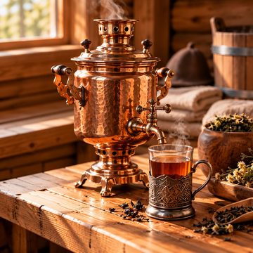 Медный самовар на деревянном столе